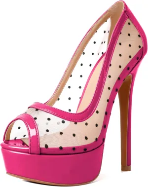 AUMOTED Women's Peep Toe High Heel Platform Stiletto Pumps Slip On Patent Mesh Polka Dot Heels 5.5" Party Wedding Dress Shoes