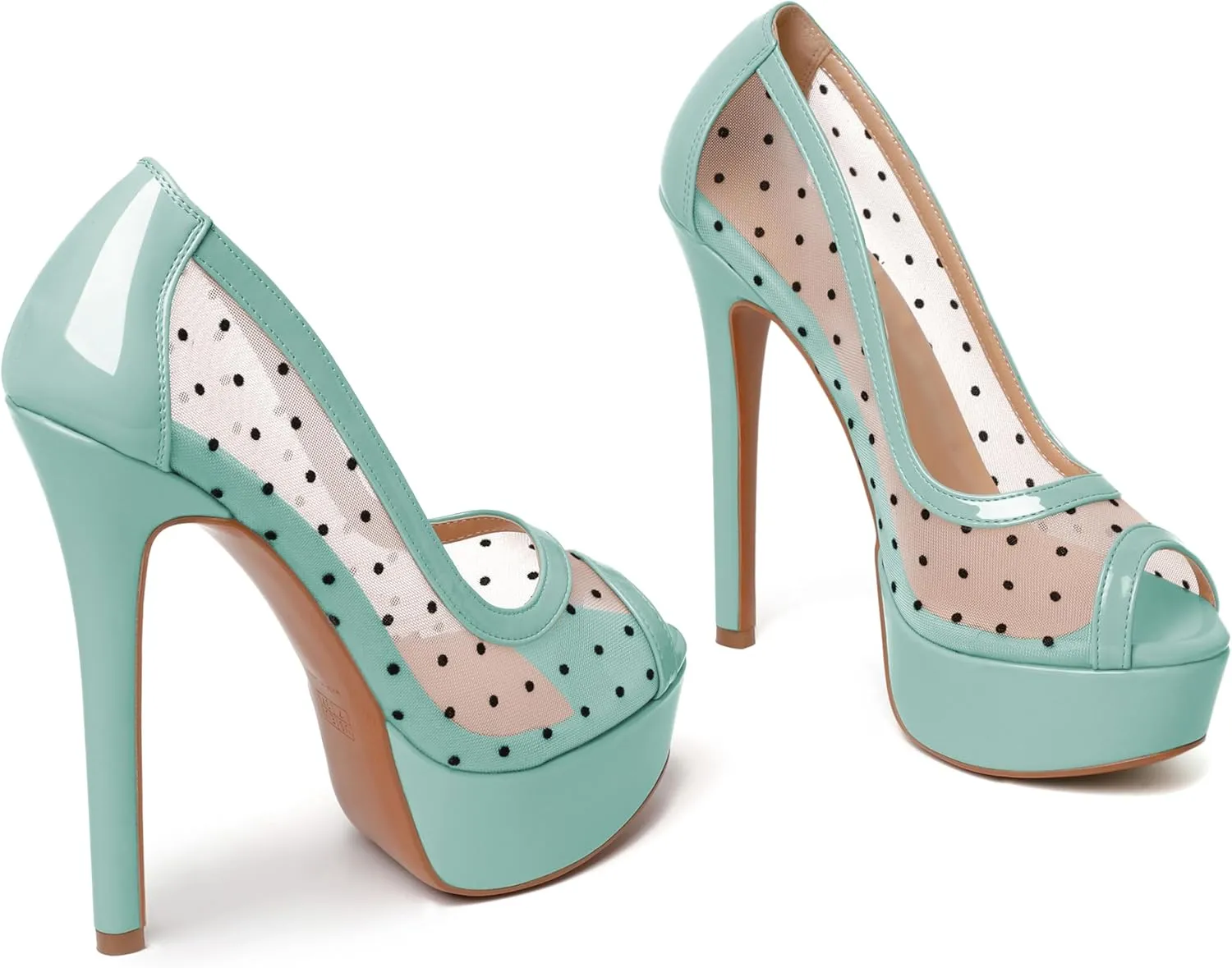 AUMOTED Women's Peep Toe High Heel Platform Stiletto Pumps Slip On Patent Mesh Polka Dot Heels 5.5" Party Wedding Dress Shoes