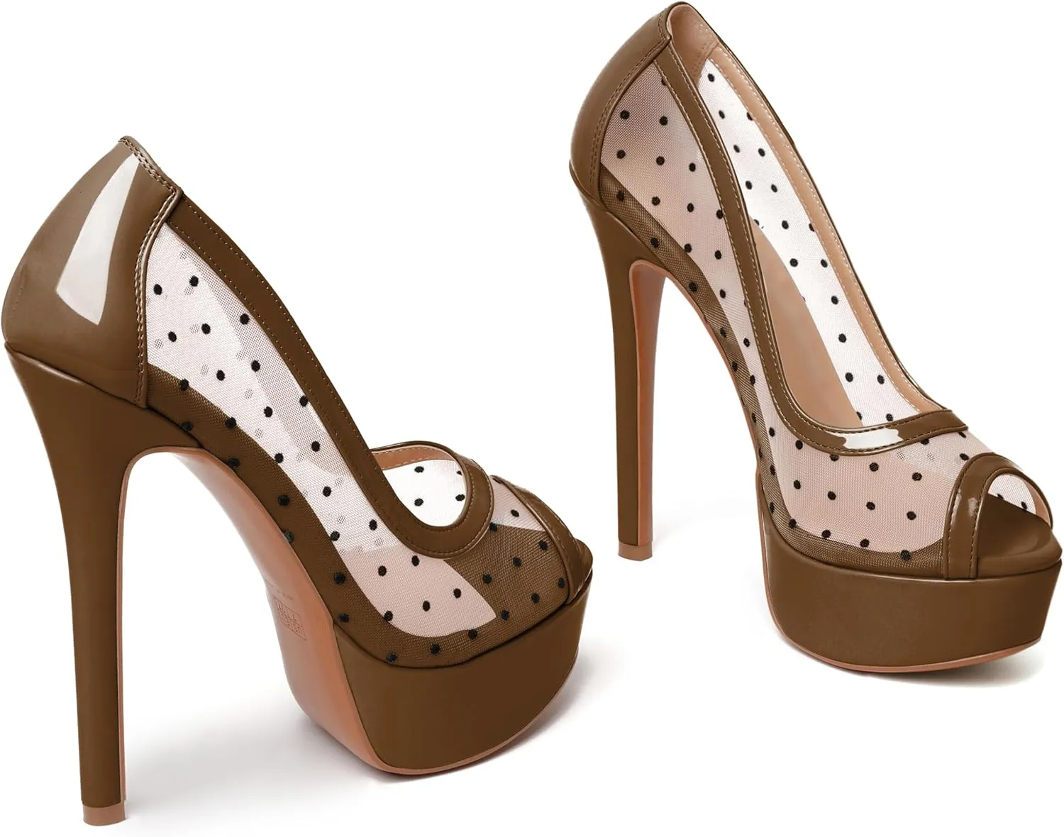 AUMOTED Women's Peep Toe High Heel Platform Stiletto Pumps Slip On Patent Mesh Polka Dot Heels 5.5" Party Wedding Dress Shoes