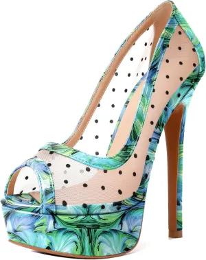 AUMOTED Women's Peep Toe High Heel Platform Stiletto Pumps Slip On Patent Mesh Polka Dot Heels 5.5" Party Wedding Dress Shoes