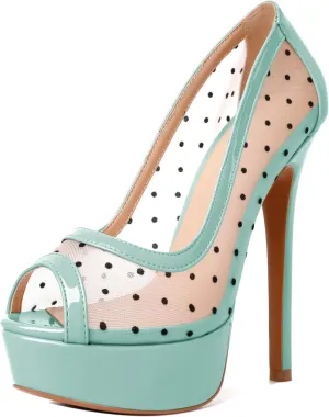 AUMOTED Women's Peep Toe High Heel Platform Stiletto Pumps Slip On Patent Mesh Polka Dot Heels 5.5" Party Wedding Dress Shoes