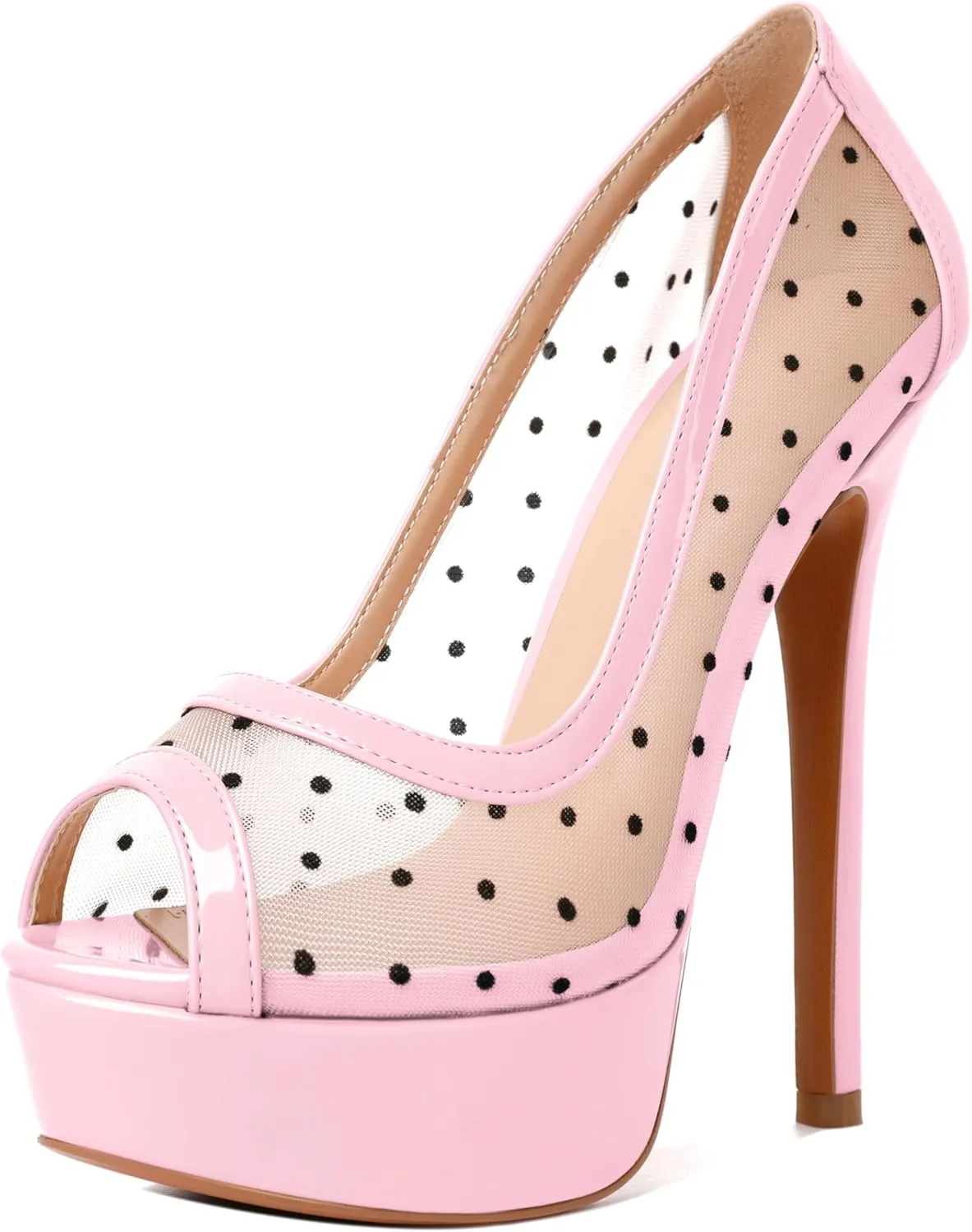 AUMOTED Women's Peep Toe High Heel Platform Stiletto Pumps Slip On Patent Mesh Polka Dot Heels 5.5" Party Wedding Dress Shoes