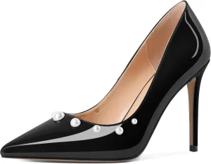 AUMOTED Womens Sexy Patent Pointed Toe Pumps Stiletto High Heel Pumps Slip On with Pearl Evening Wedding Dressy Shoes 4 Inch