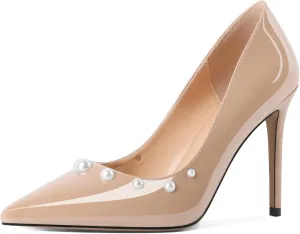 AUMOTED Womens Sexy Patent Pointed Toe Pumps Stiletto High Heel Pumps Slip On with Pearl Evening Wedding Dressy Shoes 4 Inch