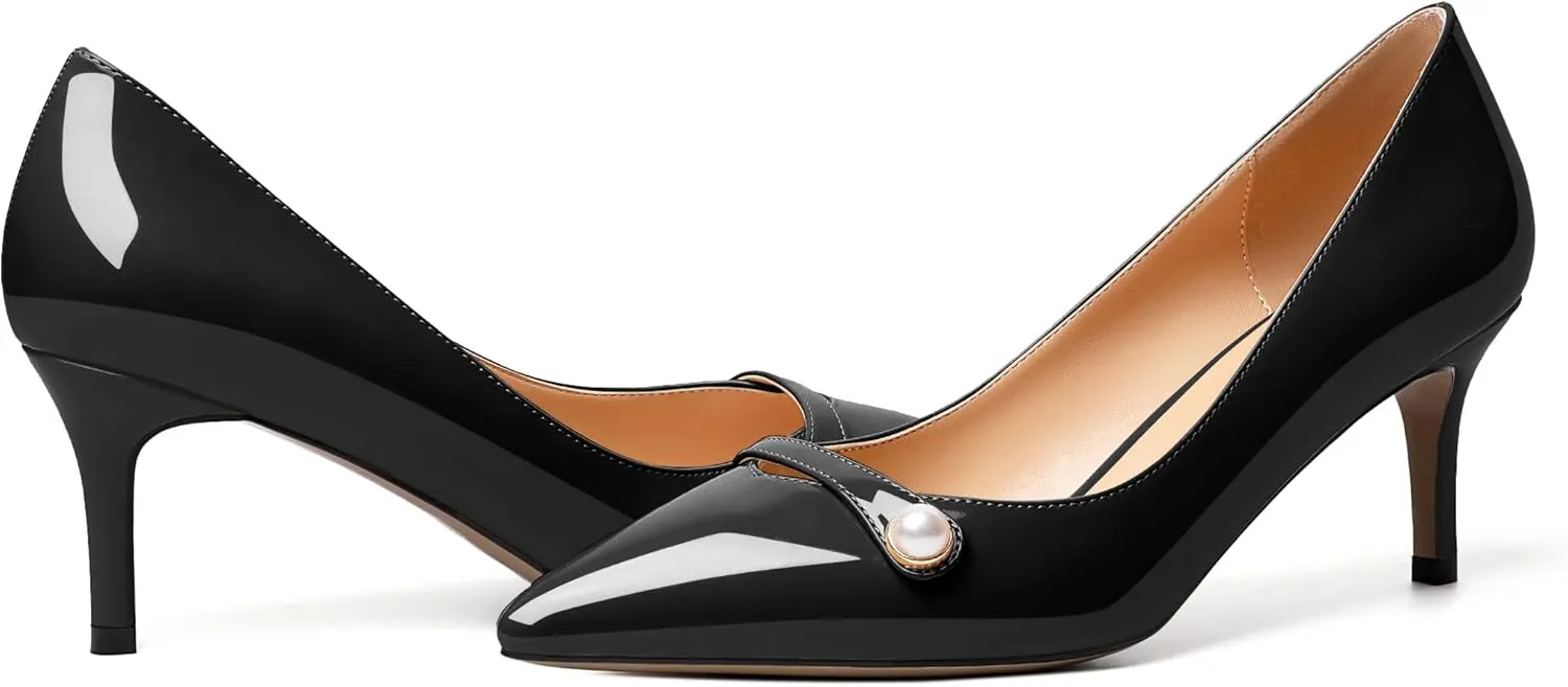 AUMOTED Womens Sexy Patent Pointed Toe Pumps Stiletto Mid Heel Pumps Slip On with Pearl Evening Wedding Dress Shoes 2.5 Inch