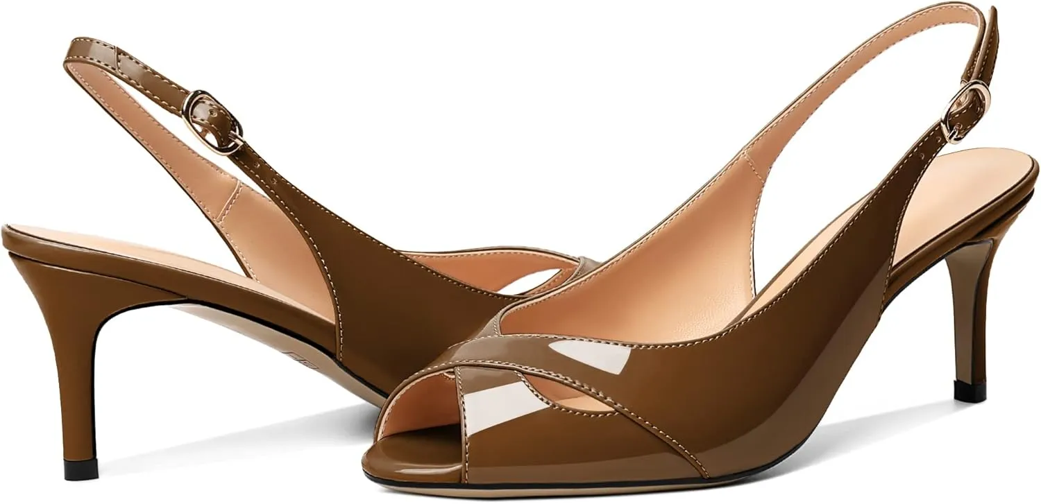 AUMOTED Womens Slingback Heels Peep Toe Stiletto Mid Heel Pumps Patent Leather Sexy Adjustable Strap Buckle Solid Dress Shoes 2.5 Inch