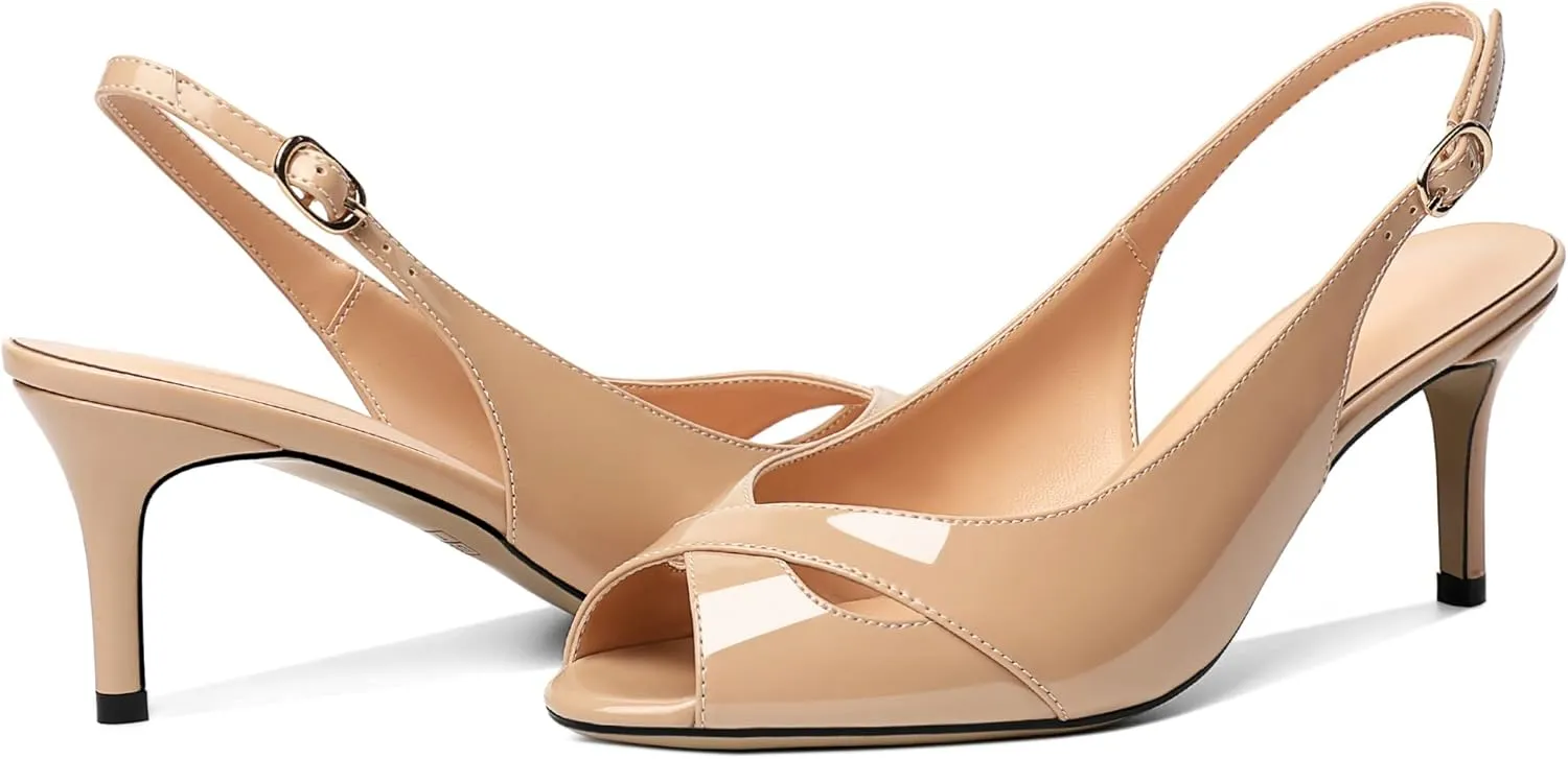 AUMOTED Womens Slingback Heels Peep Toe Stiletto Mid Heel Pumps Patent Leather Sexy Adjustable Strap Buckle Solid Dress Shoes 2.5 Inch