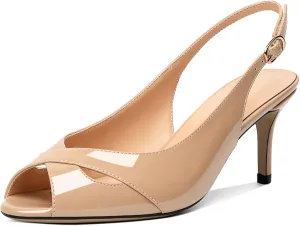AUMOTED Womens Slingback Heels Peep Toe Stiletto Mid Heel Pumps Patent Leather Sexy Adjustable Strap Buckle Solid Dress Shoes 2.5 Inch