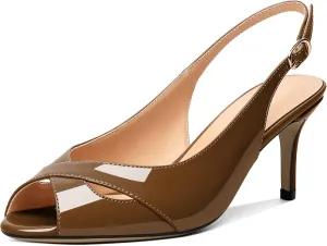 AUMOTED Womens Slingback Heels Peep Toe Stiletto Mid Heel Pumps Patent Leather Sexy Adjustable Strap Buckle Solid Dress Shoes 2.5 Inch