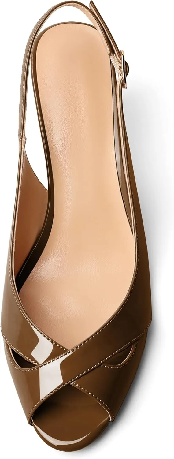 AUMOTED Womens Slingback Heels Peep Toe Stiletto Mid Heel Pumps Patent Leather Sexy Adjustable Strap Buckle Solid Dress Shoes 2.5 Inch
