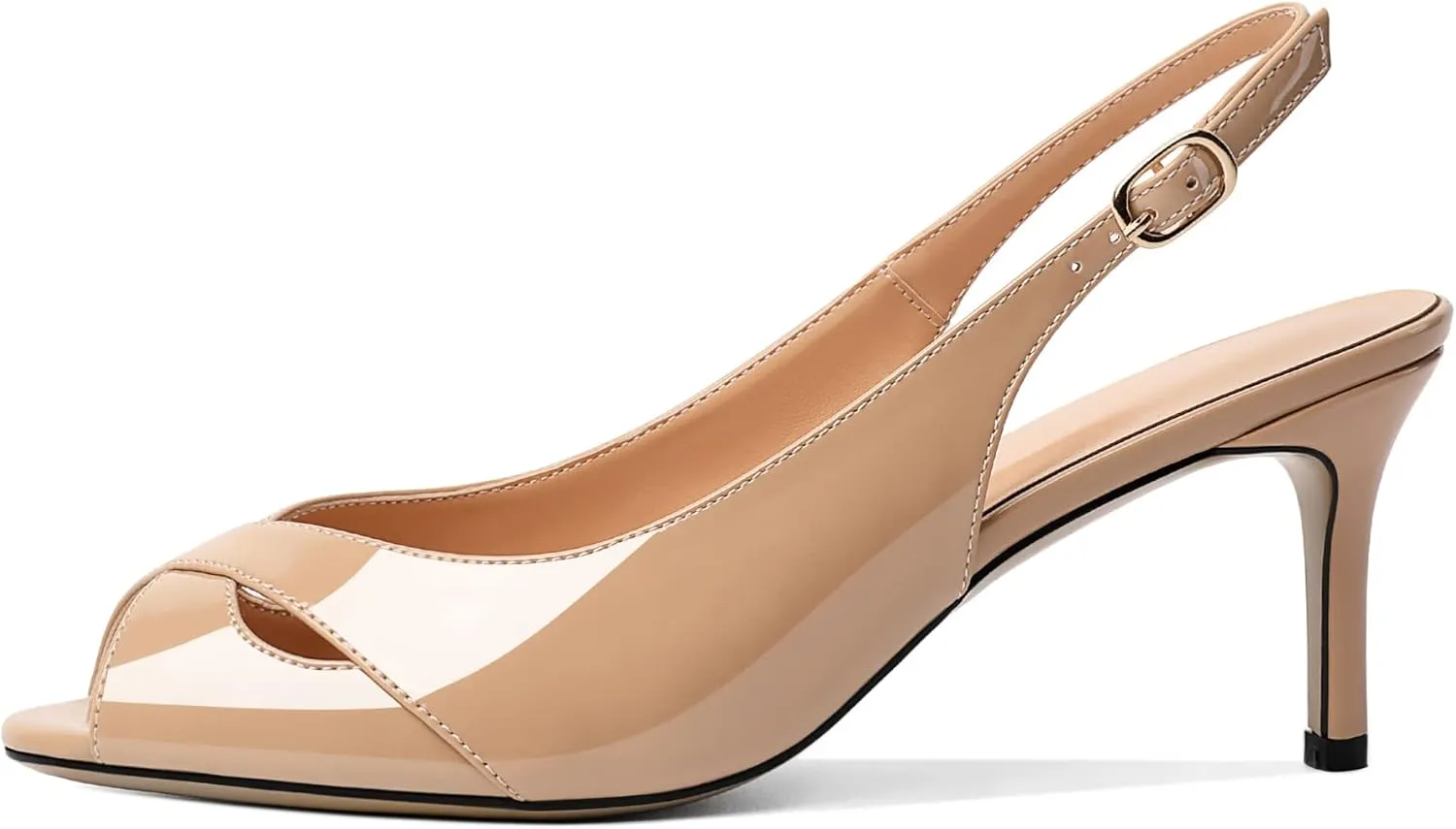 AUMOTED Womens Slingback Heels Peep Toe Stiletto Mid Heel Pumps Patent Leather Sexy Adjustable Strap Buckle Solid Dress Shoes 2.5 Inch