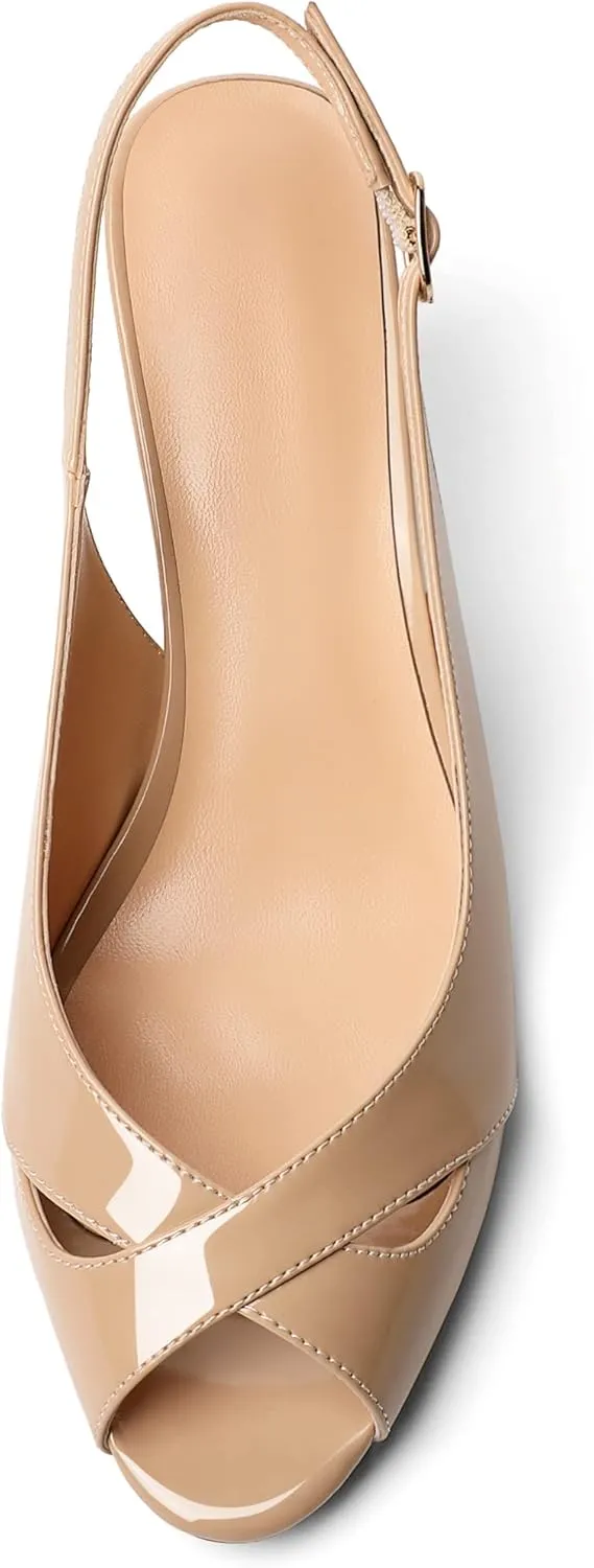 AUMOTED Womens Slingback Heels Peep Toe Stiletto Mid Heel Pumps Patent Leather Sexy Adjustable Strap Buckle Solid Dress Shoes 2.5 Inch