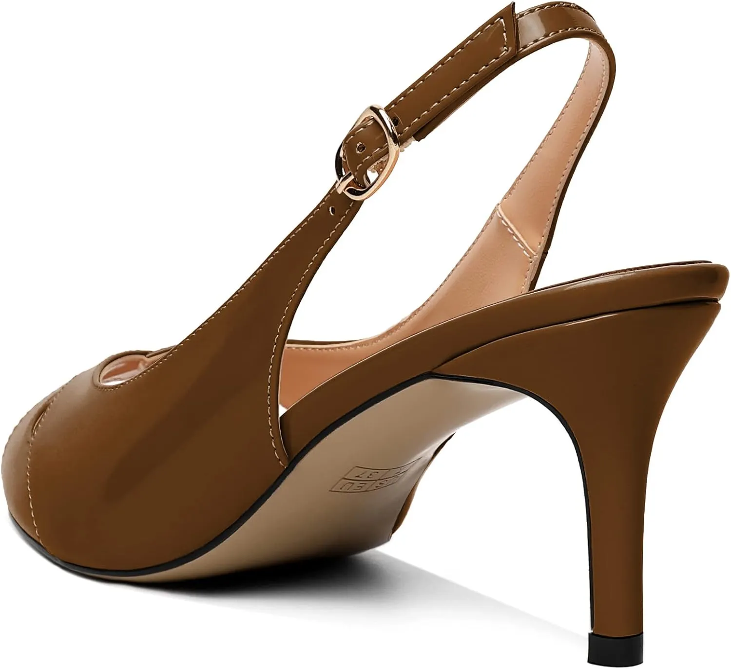 AUMOTED Womens Slingback Heels Peep Toe Stiletto Mid Heel Pumps Patent Leather Sexy Adjustable Strap Buckle Solid Dress Shoes 2.5 Inch