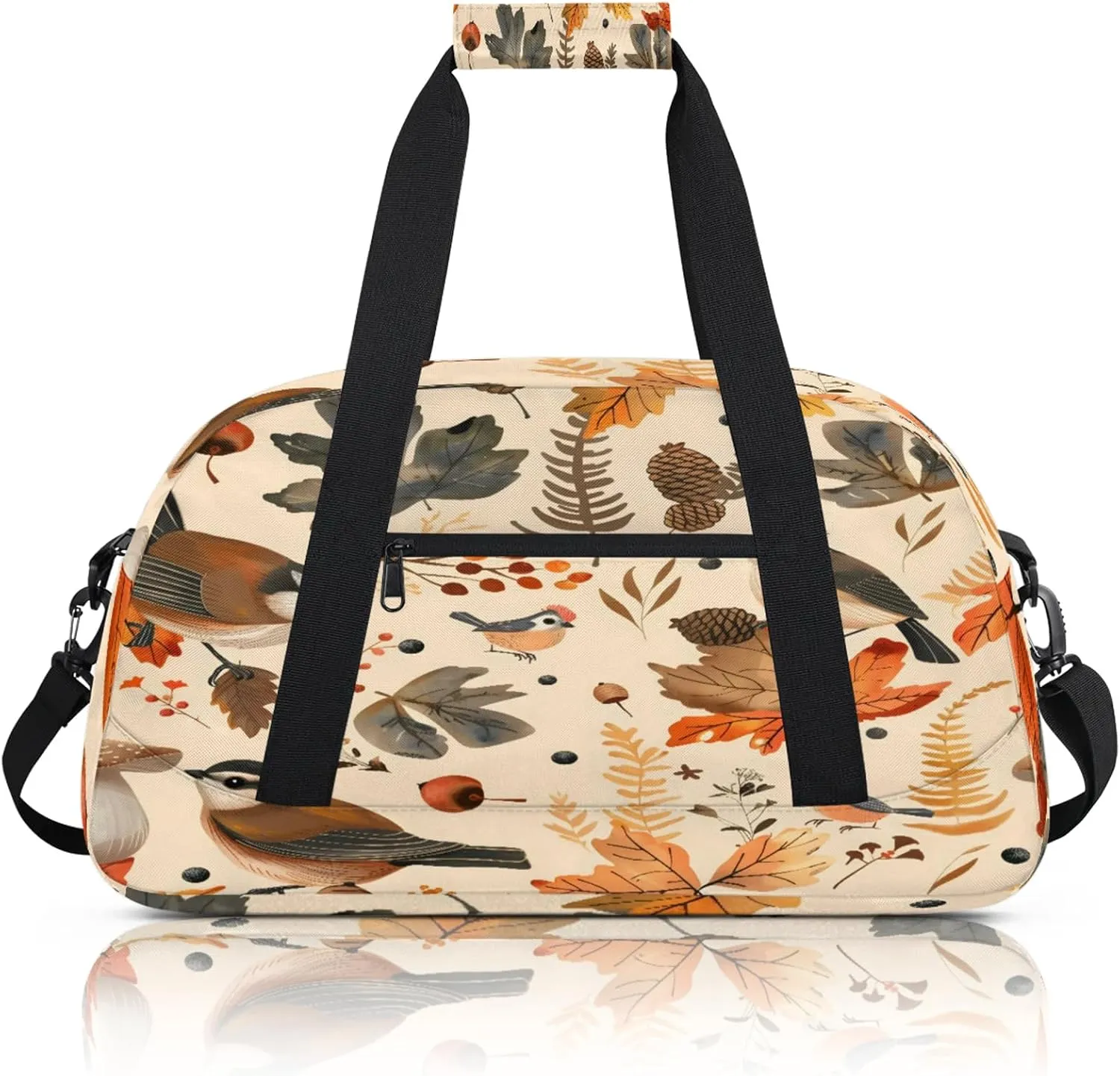 Autumn Birds Maple Leaves Berries Small Gym Bag 18 inch Carry On Duffel Bag for Weekender Travel Sports Workout Yoga Gymnastics Dance Ballet