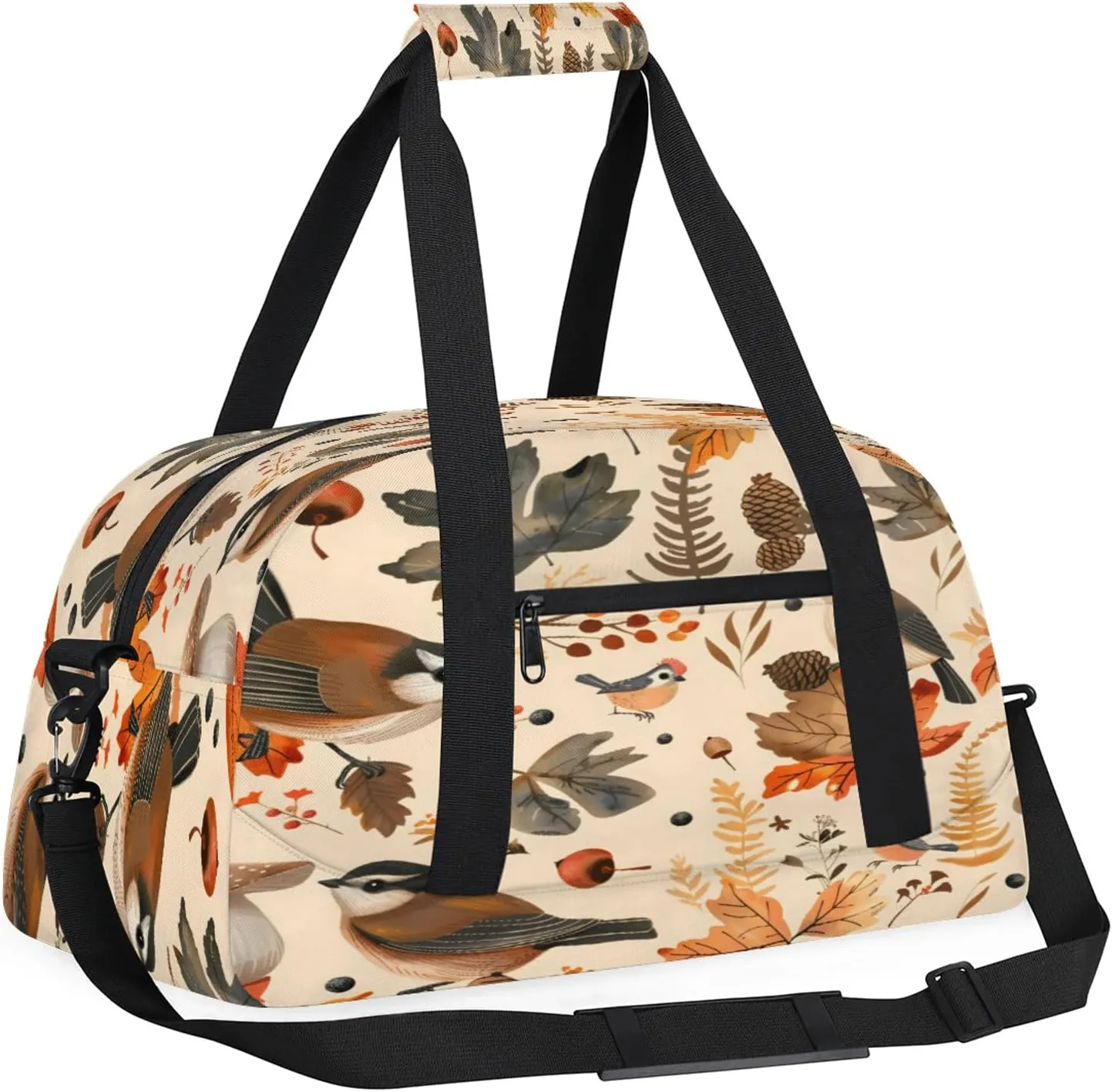 Autumn Birds Maple Leaves Berries Small Gym Bag 18 inch Carry On Duffel Bag for Weekender Travel Sports Workout Yoga Gymnastics Dance Ballet