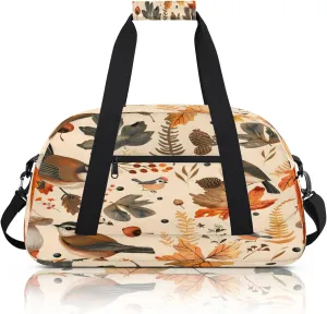 Autumn Birds Maple Leaves Berries Small Gym Bag 18 inch Carry On Duffel Bag for Weekender Travel Sports Workout Yoga Gymnastics Dance Ballet