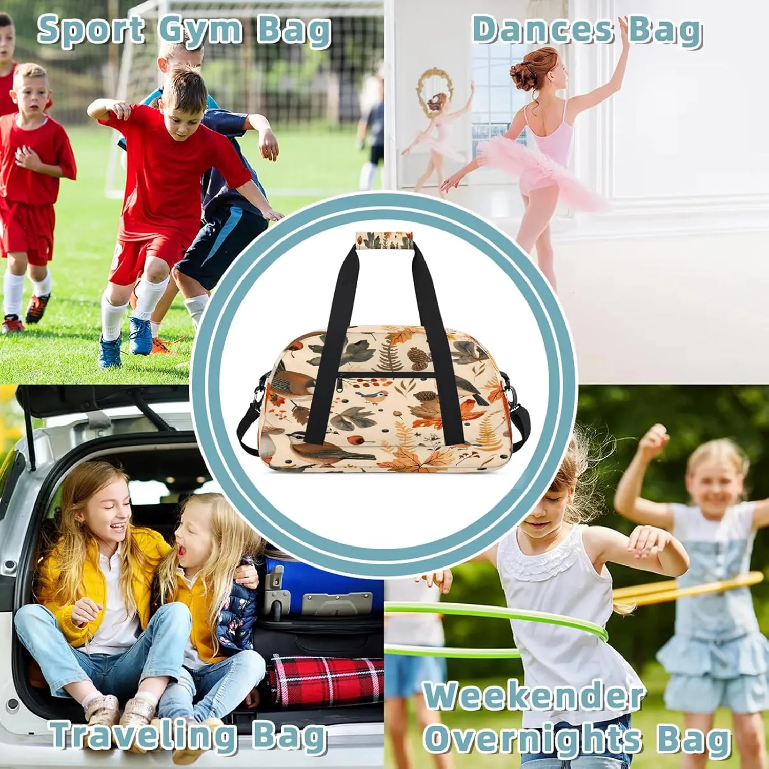 Autumn Birds Maple Leaves Berries Small Gym Bag 18 inch Carry On Duffel Bag for Weekender Travel Sports Workout Yoga Gymnastics Dance Ballet