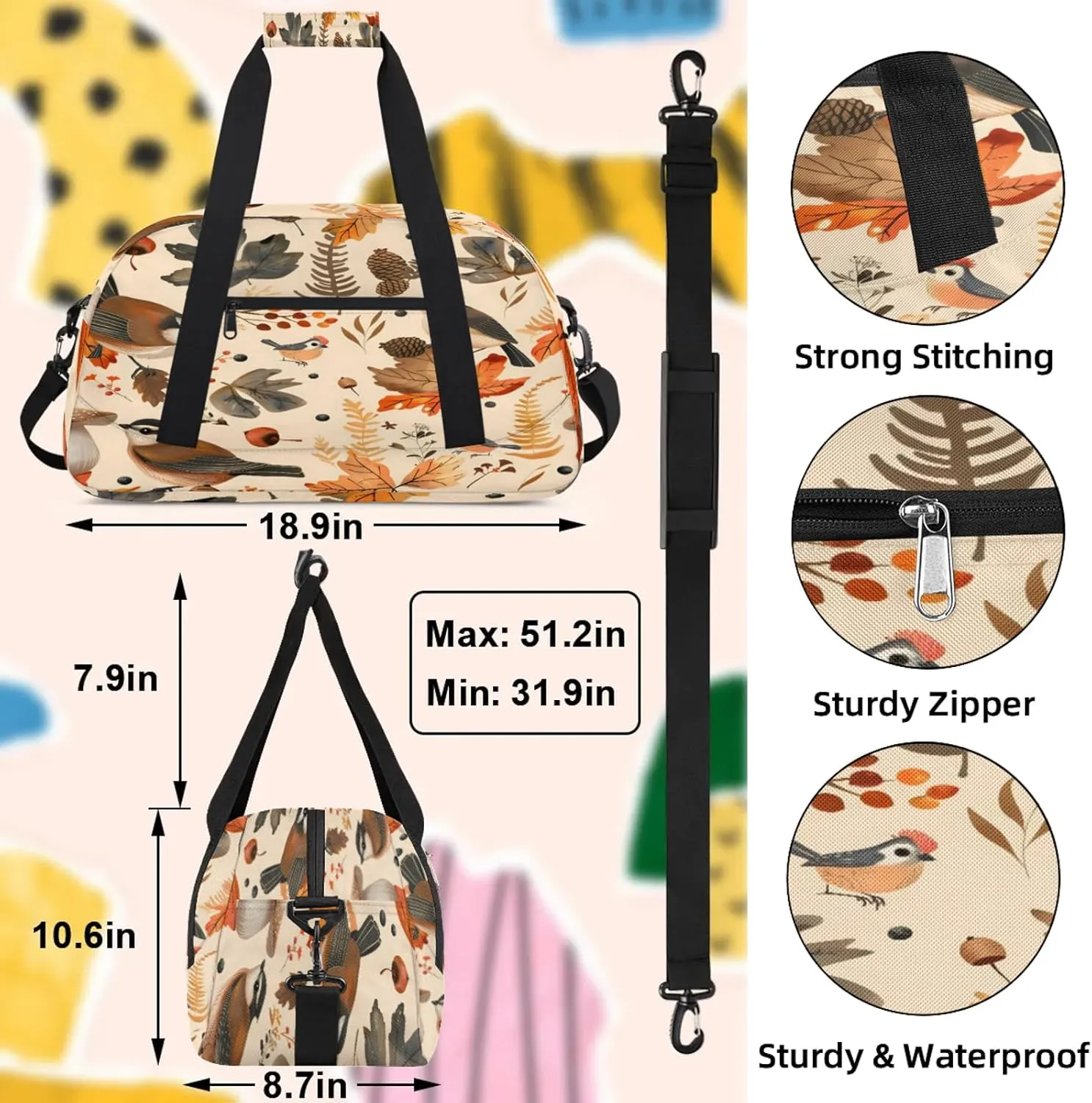 Autumn Birds Maple Leaves Berries Small Gym Bag 18 inch Carry On Duffel Bag for Weekender Travel Sports Workout Yoga Gymnastics Dance Ballet