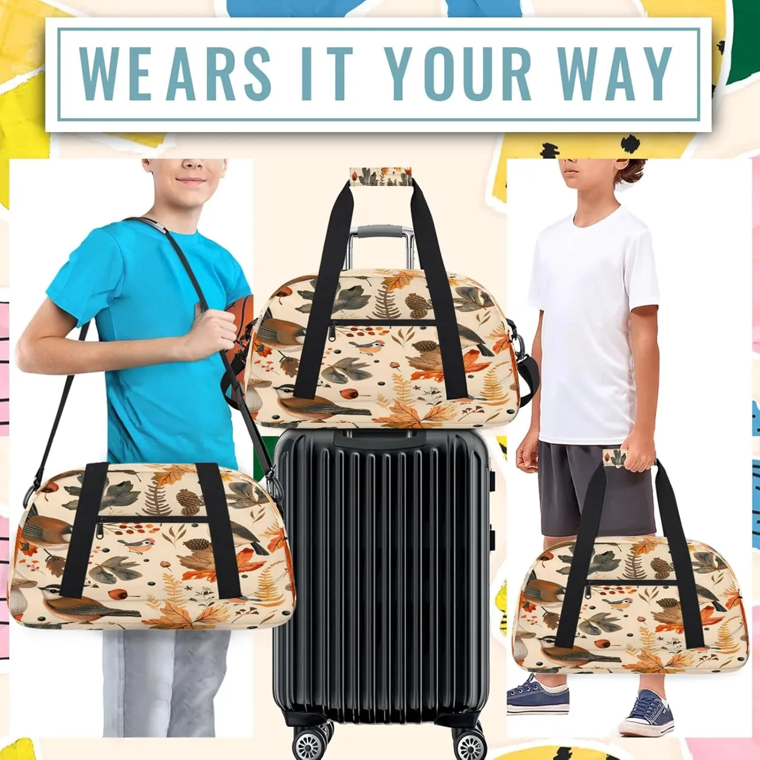 Autumn Birds Maple Leaves Berries Small Gym Bag 18 inch Carry On Duffel Bag for Weekender Travel Sports Workout Yoga Gymnastics Dance Ballet