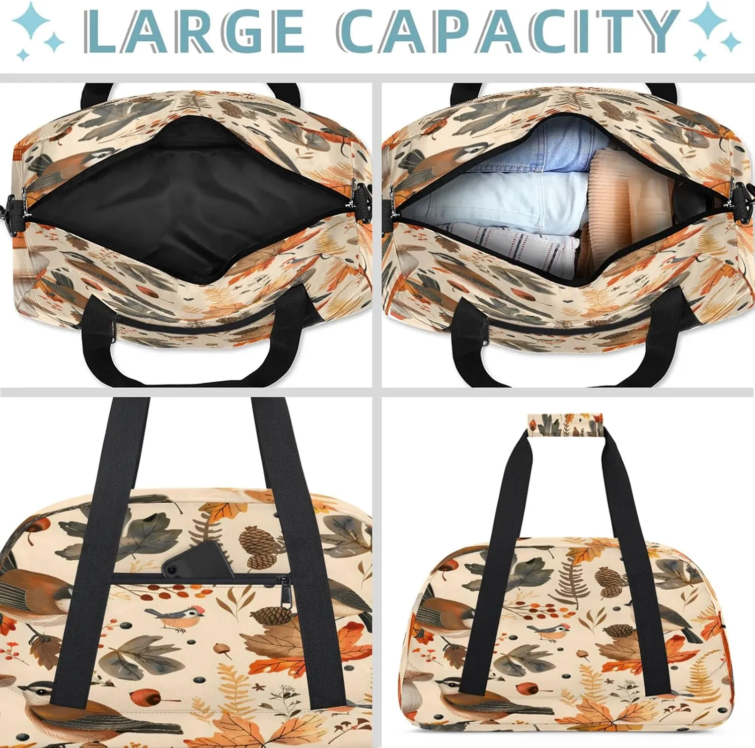 Autumn Birds Maple Leaves Berries Small Gym Bag 18 inch Carry On Duffel Bag for Weekender Travel Sports Workout Yoga Gymnastics Dance Ballet