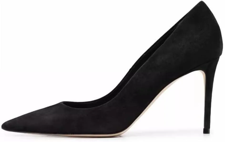 Autumn Black Suede Shoes high Heels Pointed Toe Pink Burgundy Leather Pumps Slip on Stiletto Heels Sheepskin Lining Party Prom Evening Dance Shoes for Women 3.9 Inches