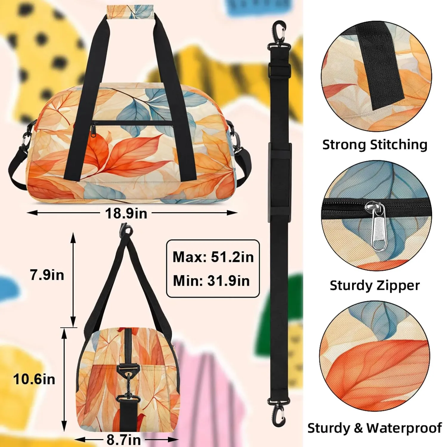 Autumn Fall Leaves Small Gym Bag 18 inch Carry On Duffel Bag for Weekender Travel Sports Workout Yoga Gymnastics Dance Ballet