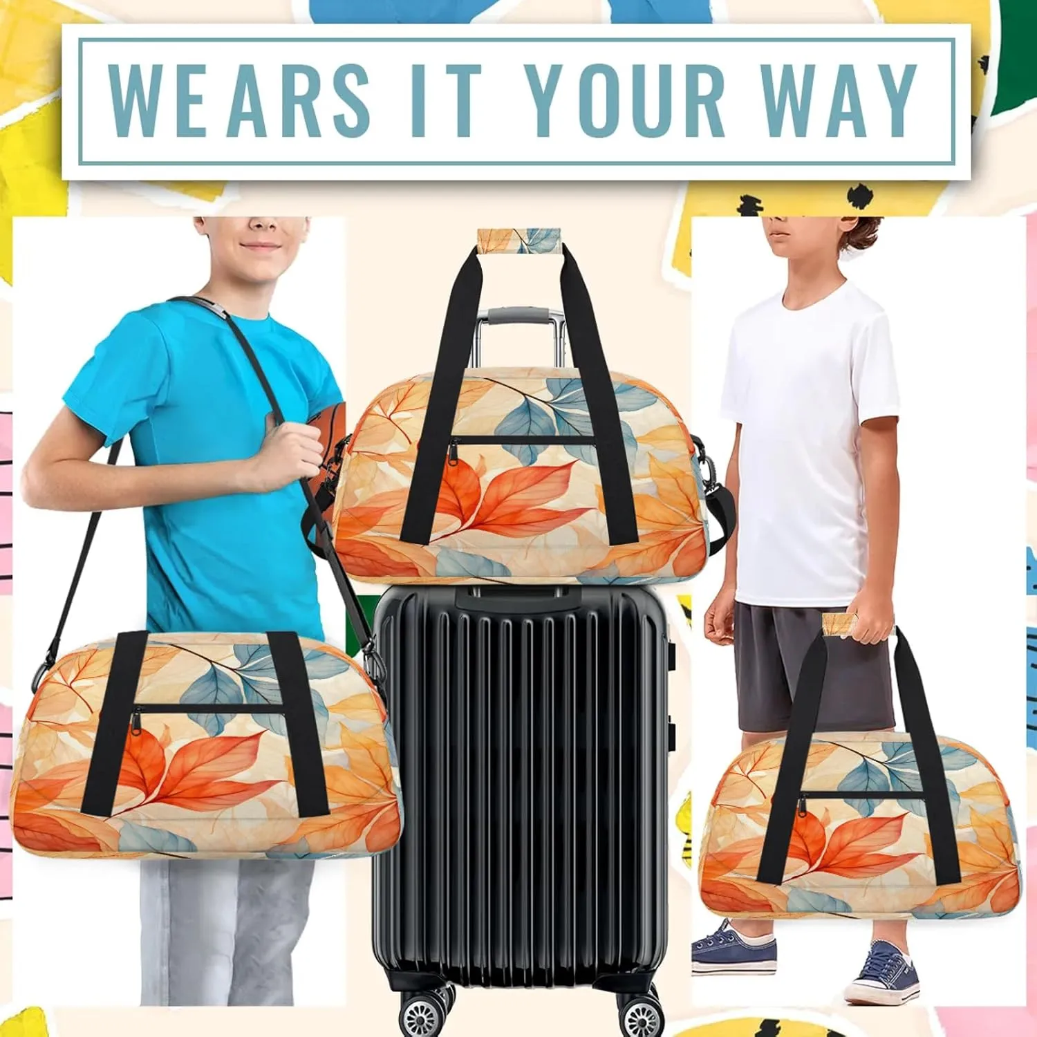 Autumn Fall Leaves Small Gym Bag 18 inch Carry On Duffel Bag for Weekender Travel Sports Workout Yoga Gymnastics Dance Ballet