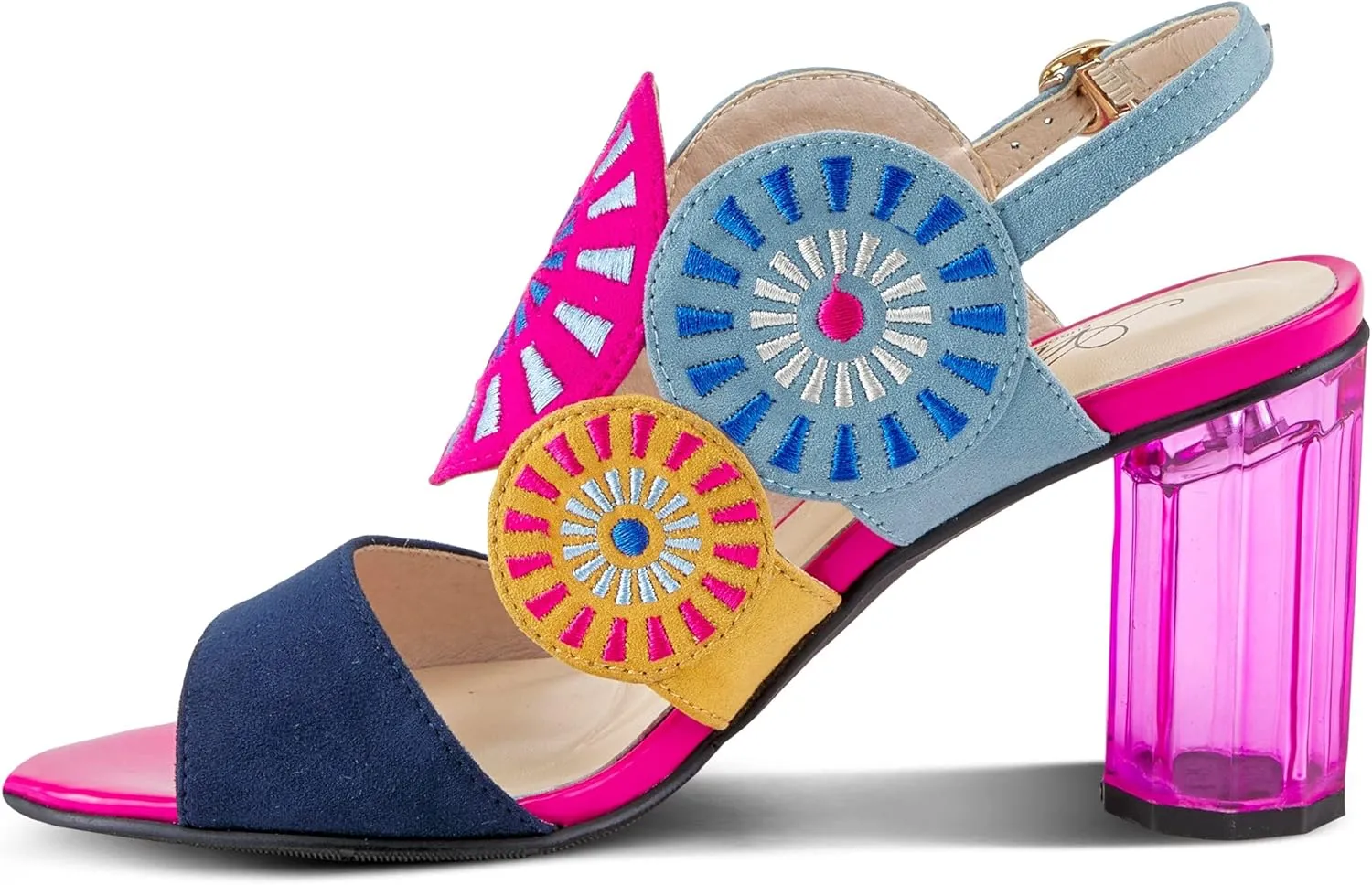 Azura Women's Embroidery Pumps & Heels - Geometric Design, Adjustable Ankle Strap, Transparent Cylindrical Heel