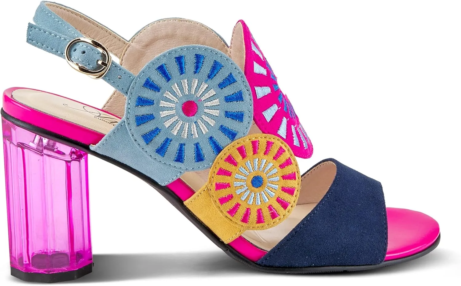 Azura Women's Embroidery Pumps & Heels - Geometric Design, Adjustable Ankle Strap, Transparent Cylindrical Heel