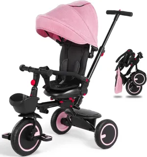 Baby Tricycle, 7-in-1 Folding Kids Trike with Adjustable Push Handle, Removable Canopy, Backrest and Safety Belt, Push Tricycle for Toddlers 10 Months - 5 Years