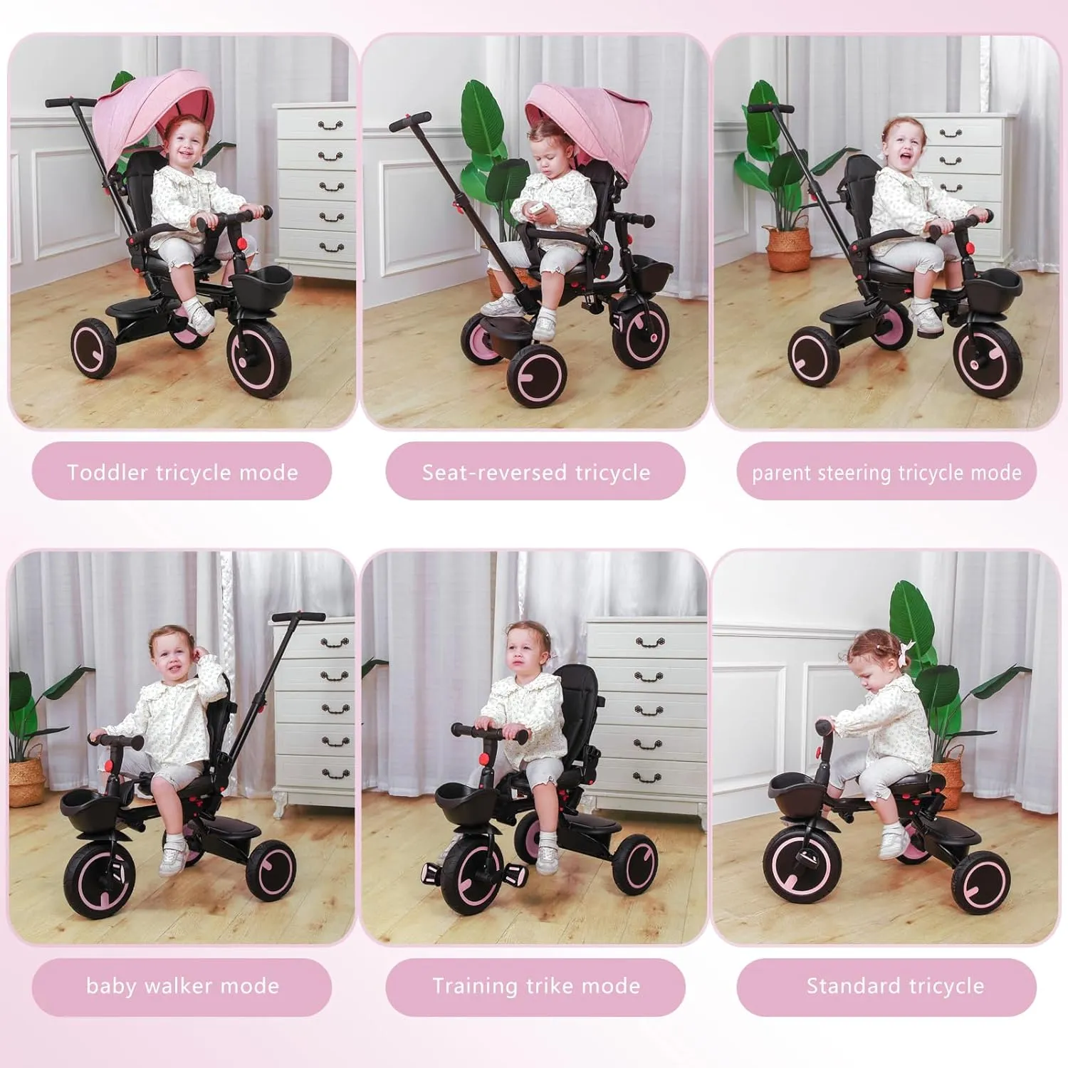 Baby Tricycle, 7-in-1 Folding Kids Trike with Adjustable Push Handle, Removable Canopy, Backrest and Safety Belt, Push Tricycle for Toddlers 10 Months - 5 Years