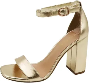 BAMBOO Women's Single Band Chunky Heel Sandal with Ankle Strap, Black White Stripe Fabric