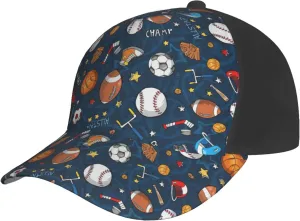 Baseball Basketball Football Hockey Print Baseball Cap for Men and Women – Curved Brim, Perfect for Outdoor, Sports, Travel, and Four Seasons Black