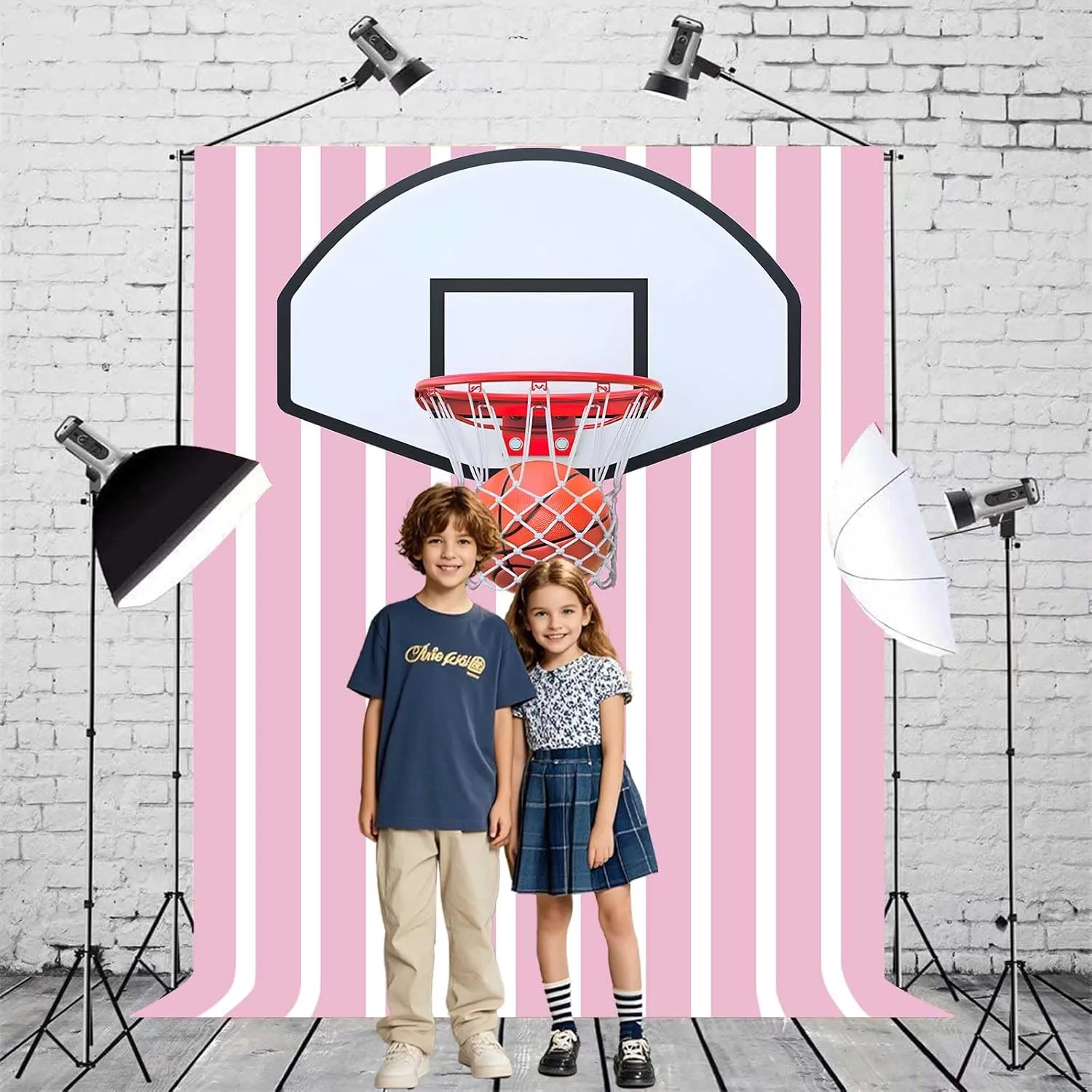 Basketball Photo Backdrop Sports Wall Tapestry Sneaker Photography Background Pink and White Stripes Themed Birthday Party Decorations Banner for Teen Girls, 5x7ft