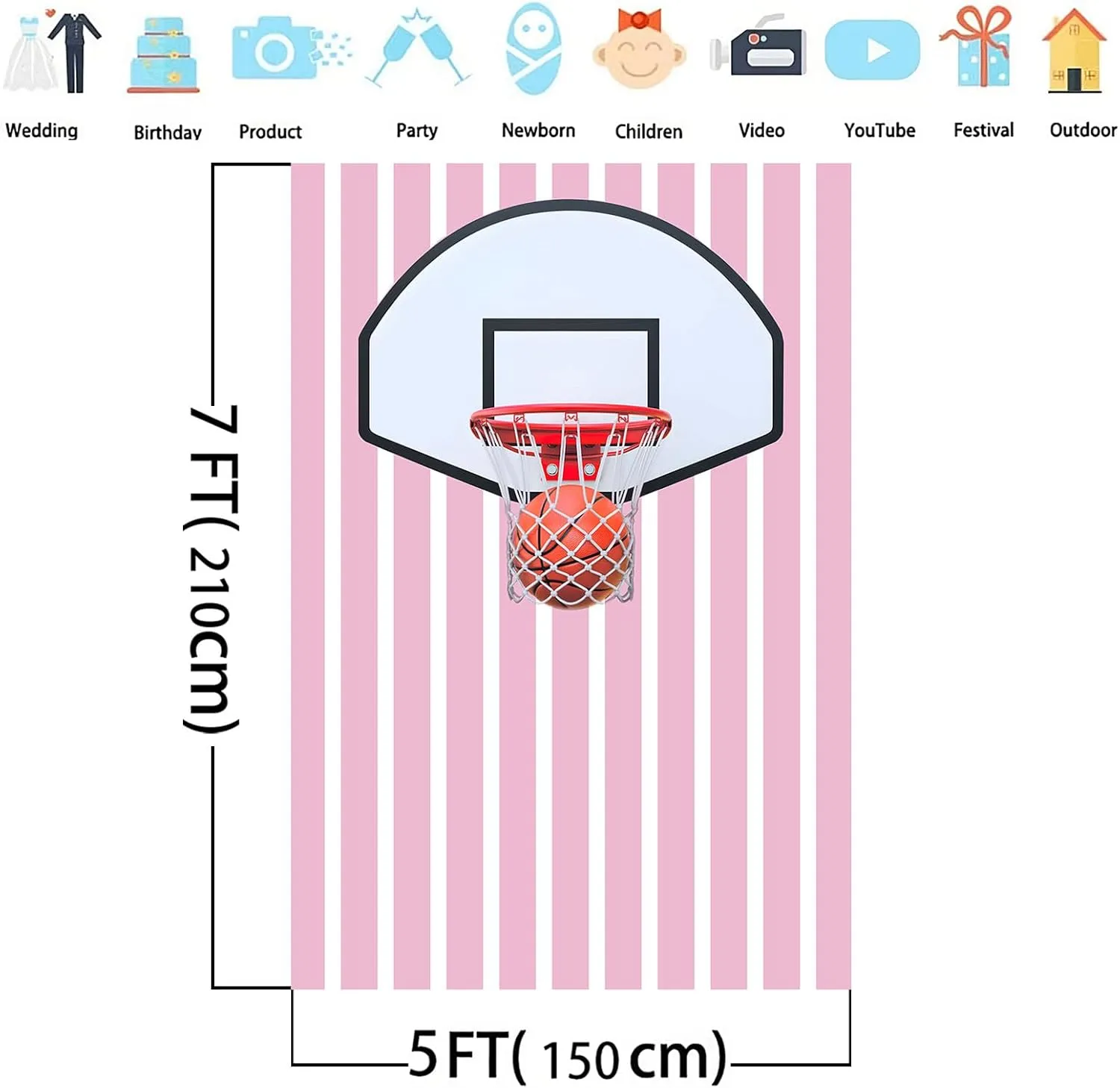 Basketball Photo Backdrop Sports Wall Tapestry Sneaker Photography Background Pink and White Stripes Themed Birthday Party Decorations Banner for Teen Girls, 5x7ft