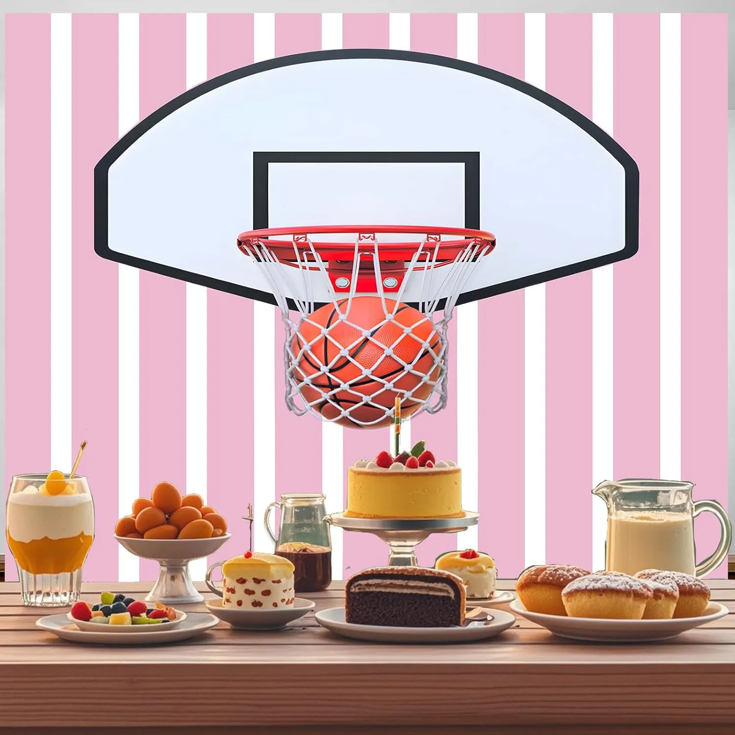 Basketball Photo Backdrop Sports Wall Tapestry Sneaker Photography Background Pink and White Stripes Themed Birthday Party Decorations Banner for Teen Girls, 5x7ft