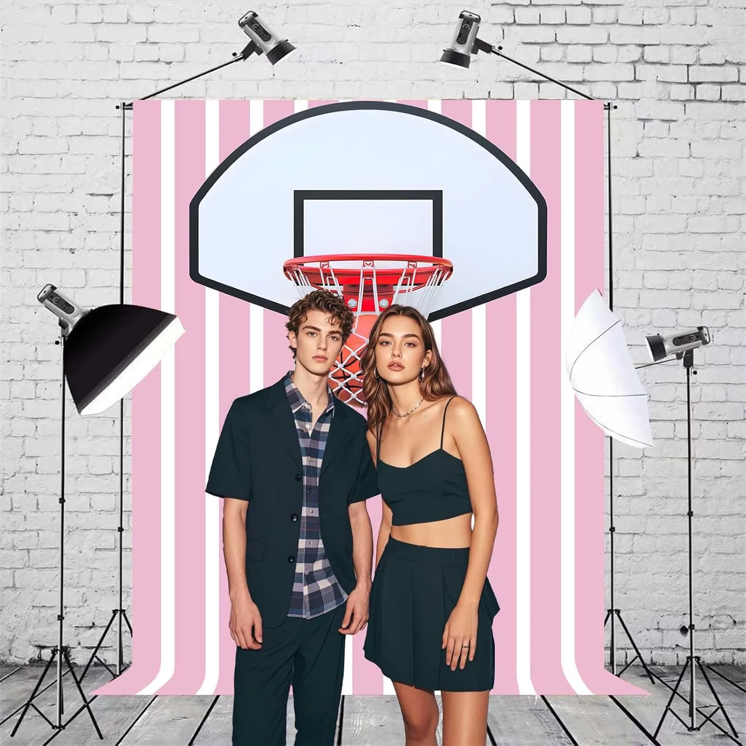 Basketball Photo Backdrop Sports Wall Tapestry Sneaker Photography Background Pink and White Stripes Themed Birthday Party Decorations Banner for Teen Girls, 5x7ft