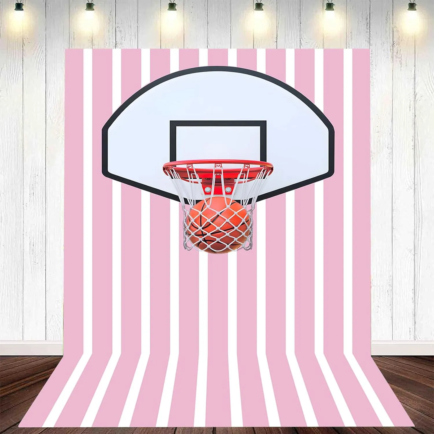 Basketball Photo Backdrop Sports Wall Tapestry Sneaker Photography Background Pink and White Stripes Themed Birthday Party Decorations Banner for Teen Girls, 5x7ft