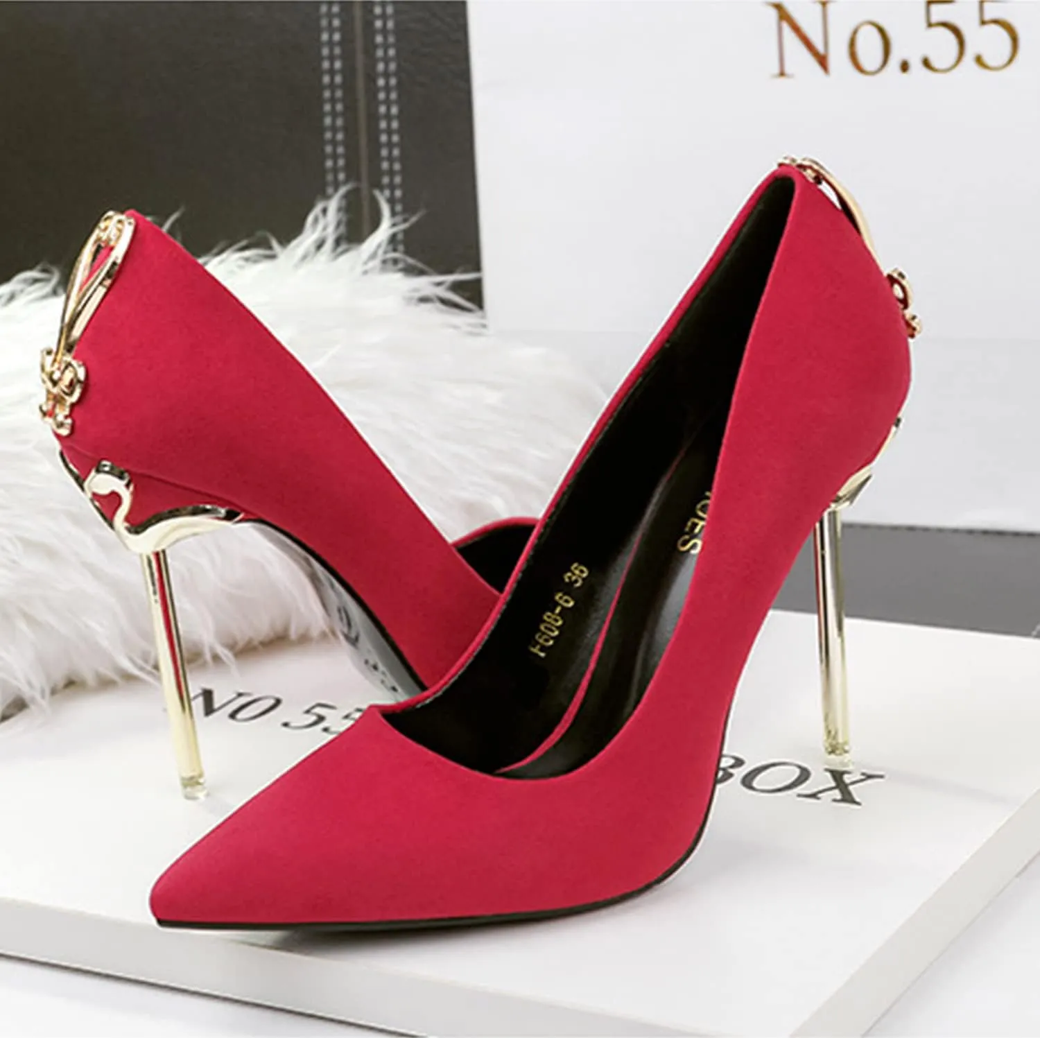 bbruriy Women's Suede High Heel Slip on Pumps Pointed Toe Classic Fashion 3.94Inch Party Wedding Stiletto Heels Dress Office Shoes with Metal Trim