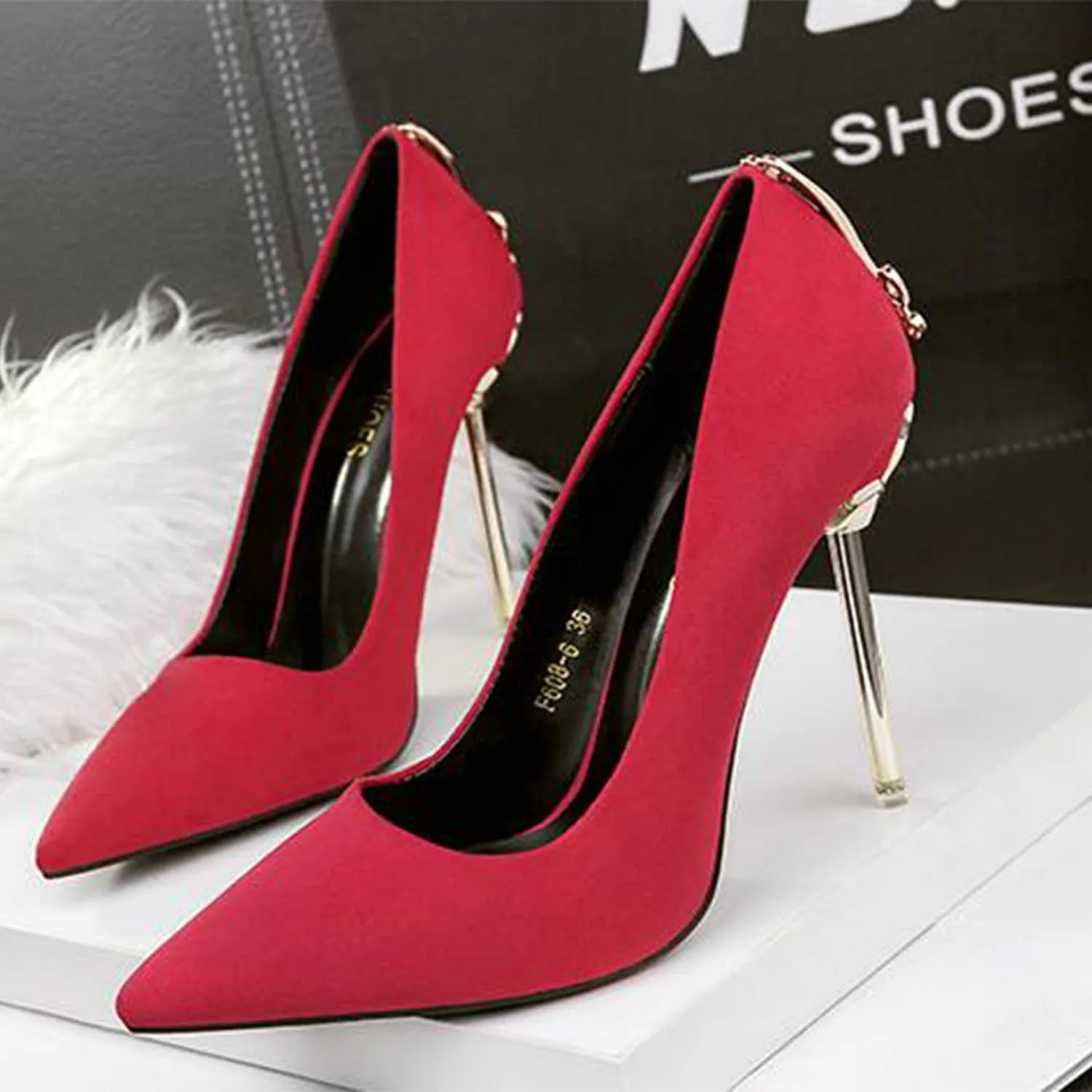 bbruriy Women's Suede High Heel Slip on Pumps Pointed Toe Classic Fashion 3.94Inch Party Wedding Stiletto Heels Dress Office Shoes with Metal Trim