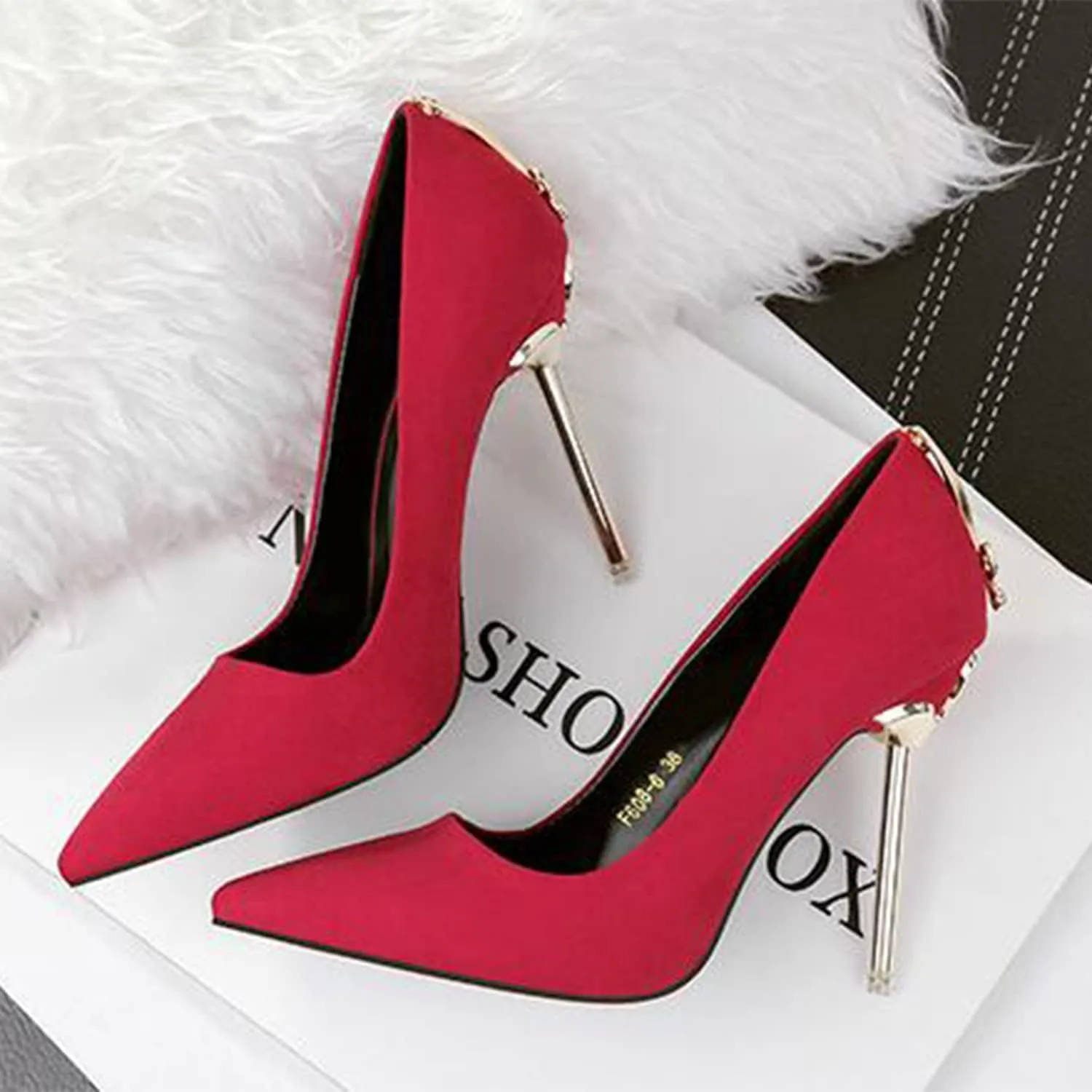 bbruriy Women's Suede High Heel Slip on Pumps Pointed Toe Classic Fashion 3.94Inch Party Wedding Stiletto Heels Dress Office Shoes with Metal Trim