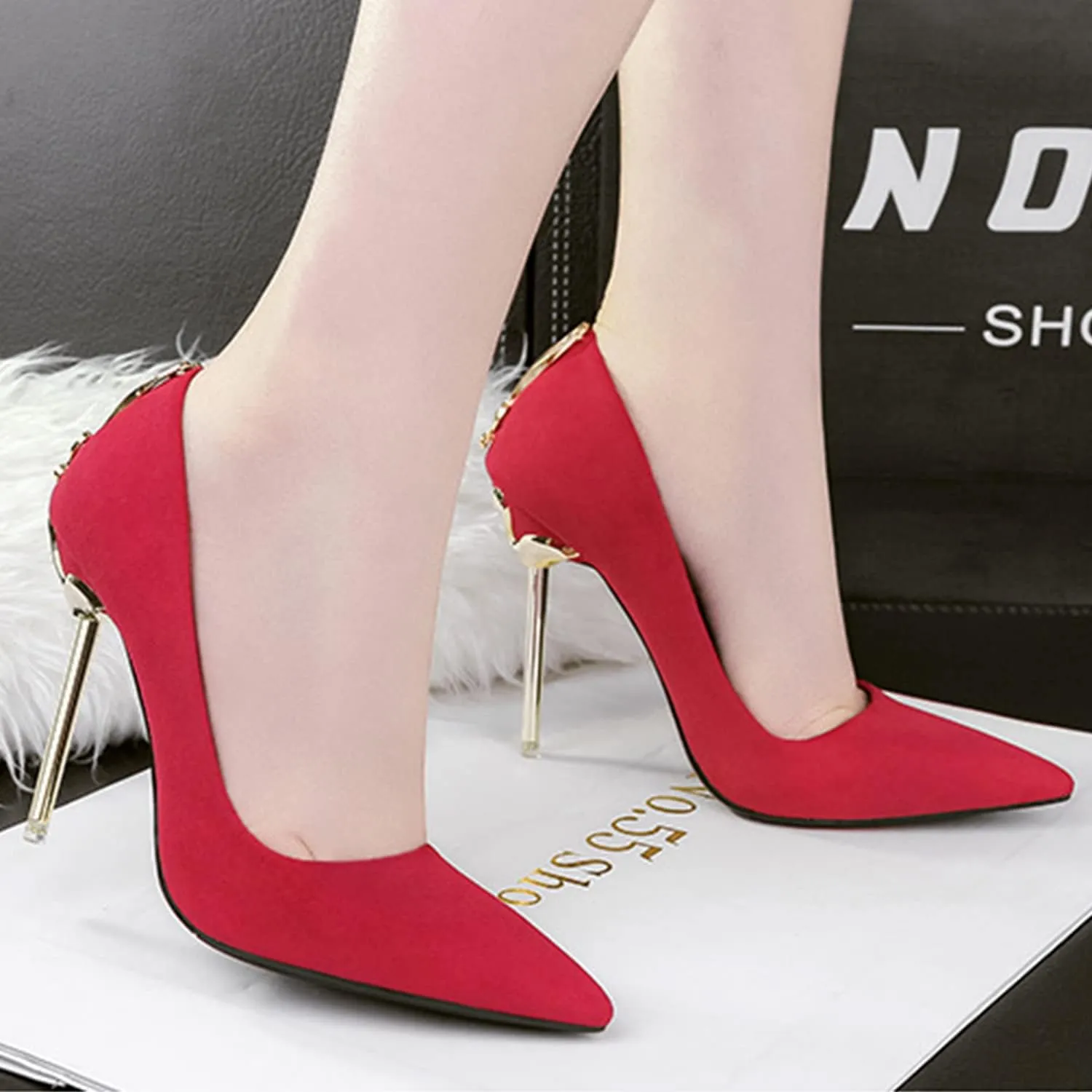 bbruriy Women's Suede High Heel Slip on Pumps Pointed Toe Classic Fashion 3.94Inch Party Wedding Stiletto Heels Dress Office Shoes with Metal Trim