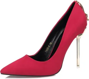 bbruriy Women's Suede High Heel Slip on Pumps Pointed Toe Classic Fashion 3.94Inch Party Wedding Stiletto Heels Dress Office Shoes with Metal Trim