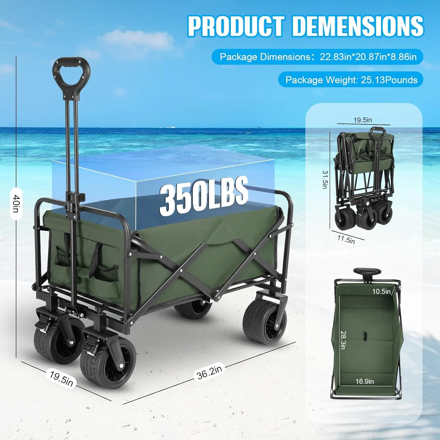 Beach Wagon,Collapsible Foldable Wagon Cart with Big Wheels,Utility Folding Grocery Lounge All Terrain Wagon with Side Pocket and Brakes for Sand Camping Sports Outdoor(Green).