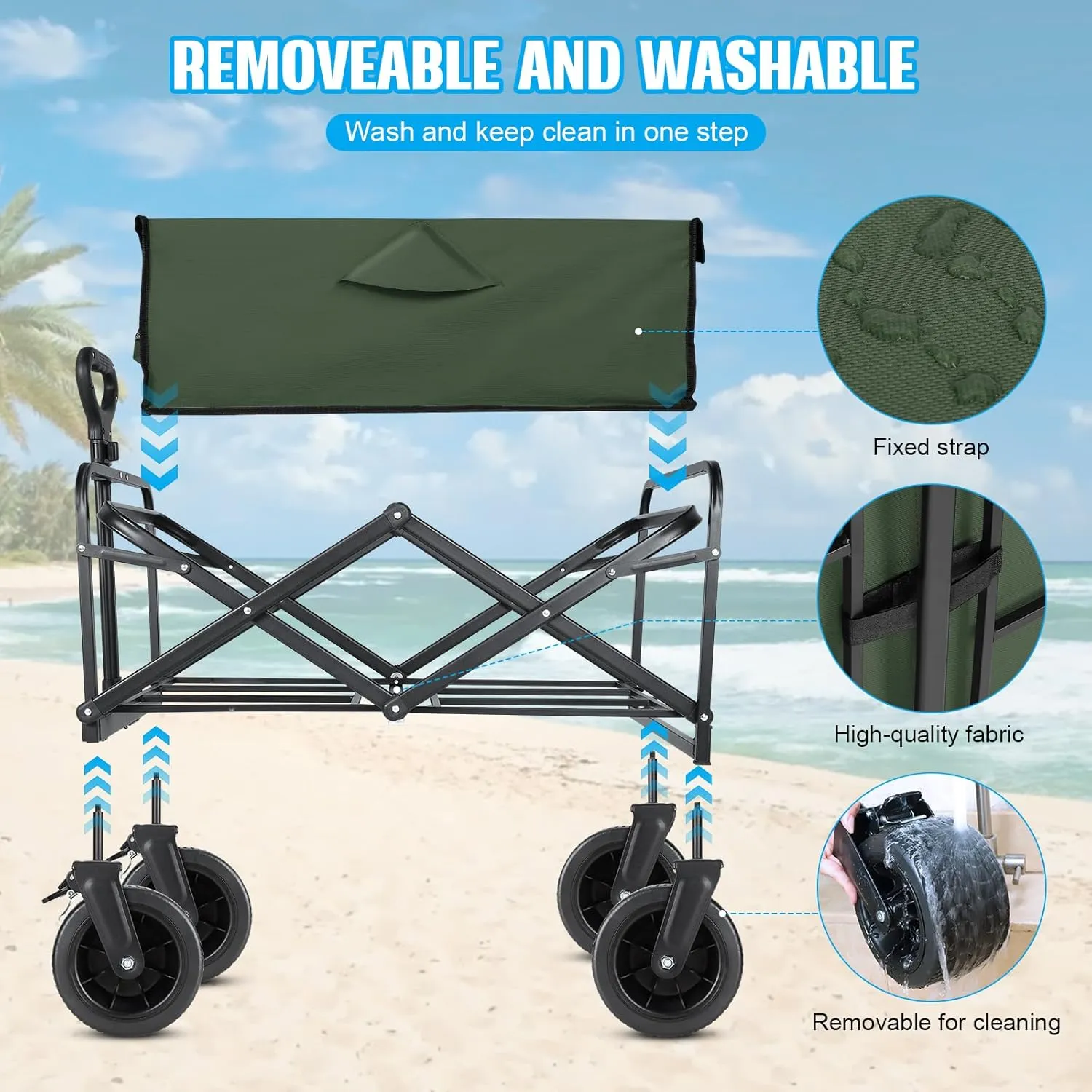 Beach Wagon,Collapsible Foldable Wagon Cart with Big Wheels,Utility Folding Grocery Lounge All Terrain Wagon with Side Pocket and Brakes for Sand Camping Sports Outdoor(Green).