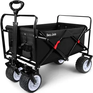 BEAU JARDIN Collapsible Folding Beach Wagon 460lbs Heavy Duty 300L Foldable Utility Garden Grocery Cart with Big All-Terrain Beach Wheels & Drink Holders for Camping Sports Black