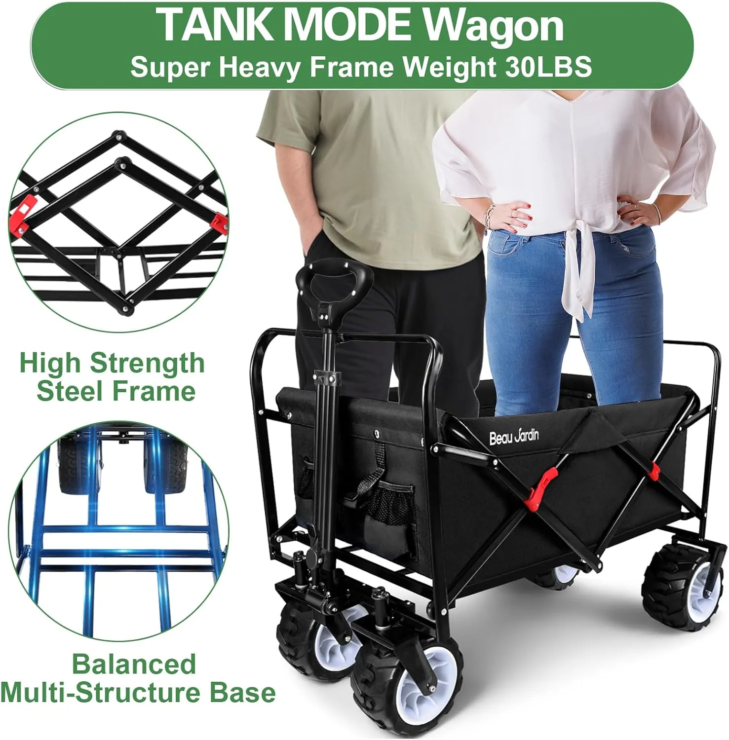 BEAU JARDIN Collapsible Folding Beach Wagon 460lbs Heavy Duty 300L Foldable Utility Garden Grocery Cart with Big All-Terrain Beach Wheels & Drink Holders for Camping Sports Black