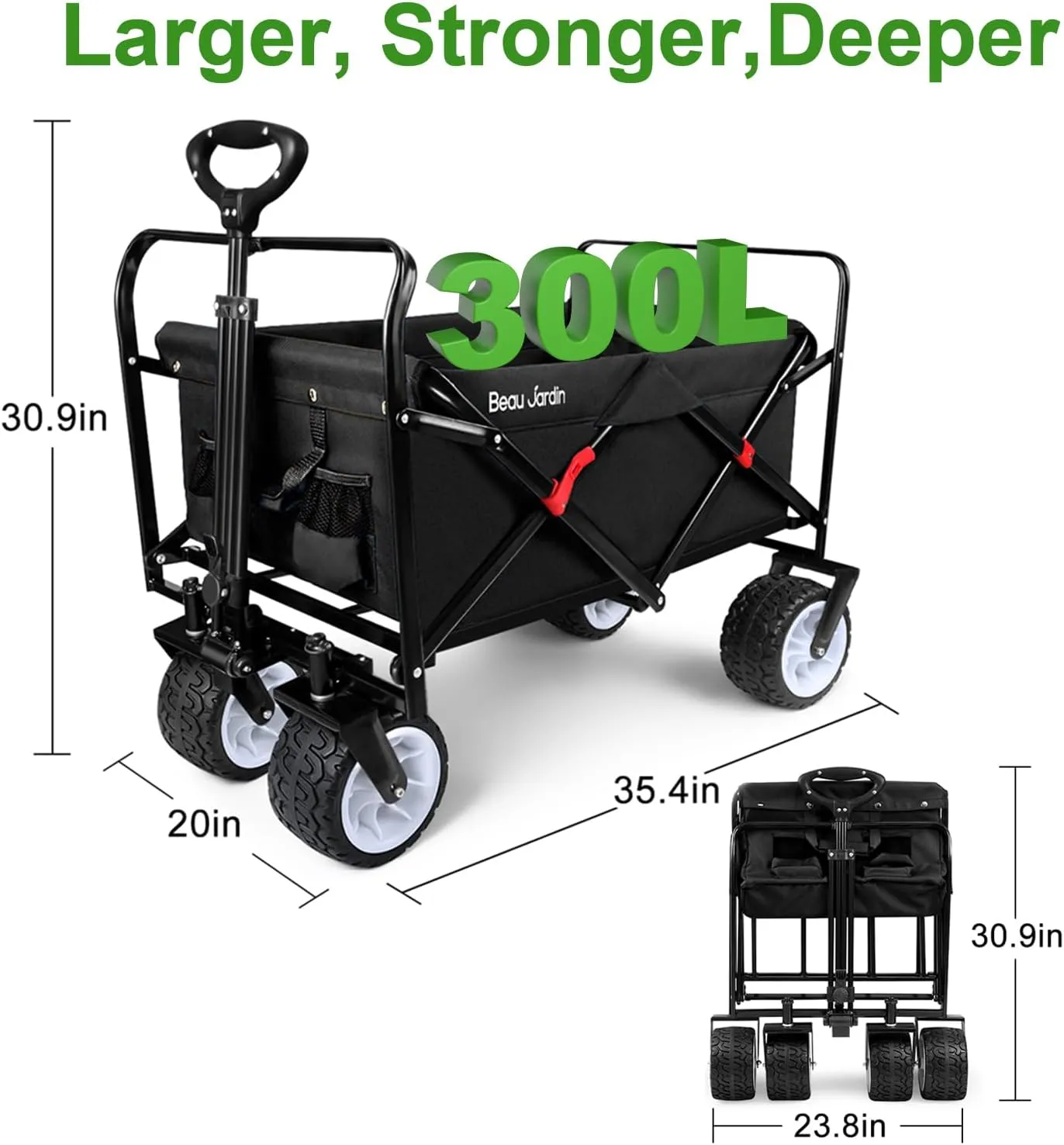 BEAU JARDIN Collapsible Folding Beach Wagon 460lbs Heavy Duty 300L Foldable Utility Garden Grocery Cart with Big All-Terrain Beach Wheels & Drink Holders for Camping Sports Black