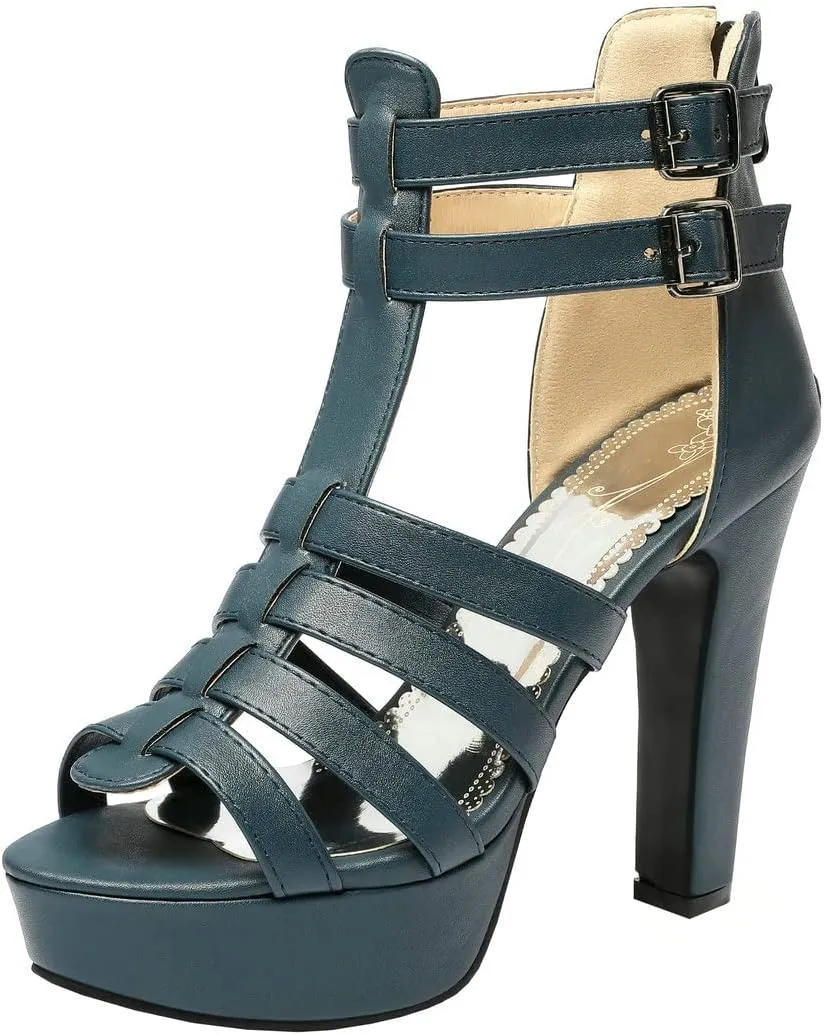 BEAUPAS Women's Block Heel Platform Peep Toe Ankle Boots Chunky High Heel Ankle Strap Booties Buckle Gladiator Sandals