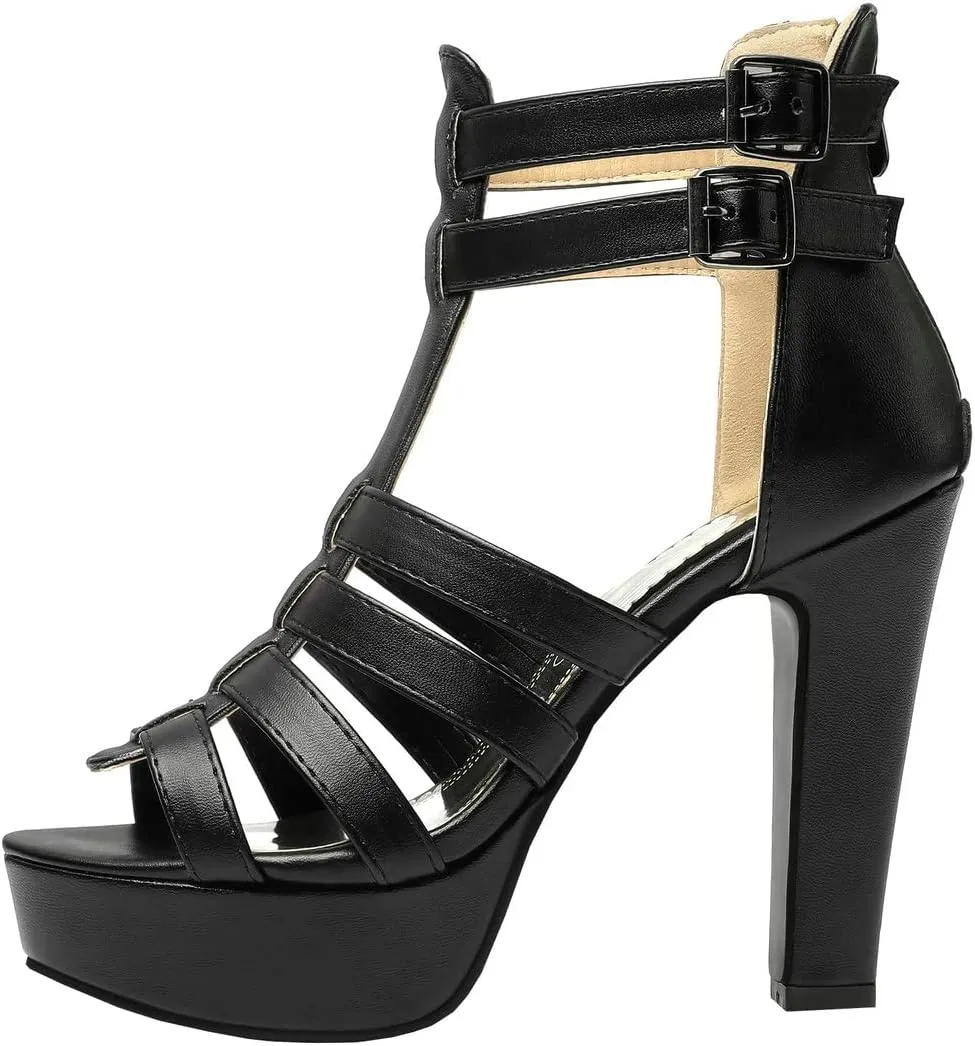 BEAUPAS Women's Block Heel Platform Peep Toe Ankle Boots Chunky High Heel Ankle Strap Booties Buckle Gladiator Sandals